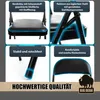 A collage of four images showcasing a black folding chair with different features highlighted by text overlays. The bottom banner contains the brand name and a buffalo logo. Produktbild-Vorschau