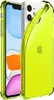 A neon yellow iPhone 11 case is shown in a studio shot, with the phone partially visible inside.