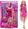 A Barbie doll with long pink hair and a pink dress, displayed in its packaging along with accessories. Another Barbie doll is shown outside the packaging, also with long pink hair and a pink dress. Anteprima dell’immagine prodotto