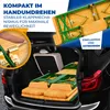 A folded beer garden set is packed into the trunk of a car, with a close-up of a hinge mechanism. Produktbild-Vorschau