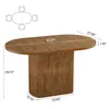 A wooden oval dining table with a fluted pedestal base, shown with dimensions and a diagram of chairs around it. Podgląd zdjęcia produktu