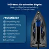 Close-up of a black and blue steam iron against a dark blue background, with a text overlay listing its features. Náhled obrázku produktu