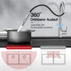 A kitchen faucet with a pull-out spray is shown in use, demonstrating its 360-degree rotation and reach into a pot. The image also includes diagrams illustrating different sink configurations and faucet reach. Produktbild-Vorschau