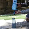 A person is filtering water from a Sawyer MINI water filter into a bottle near a river. Produktbild-Vorschau