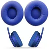 A pair of blue ear pads and a pair of blue headphones are shown against a white background. Produktbild-Vorschau
