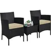 A black rattan garden furniture set with khaki cushions, consisting of two chairs and a small table, is displayed against a white background. Produktbild-Vorschau