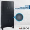 A black metal storage cabinet with two sets of doors, shown on a textured gray background. A close-up of the textured surface is highlighted with a blue circle and arrow. Text describes the product's construction. Produktbild-Vorschau