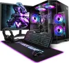 A gaming computer setup with a monitor, tower, keyboard, mouse, and headphones, all illuminated with RGB lighting. Produktbild-Vorschau
