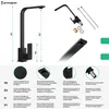 A product image showcasing a black kitchen faucet with dimensions and feature descriptions in multiple languages. Produktbild-Vorschau