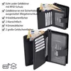 A black leather wallet shown open with euro banknotes and credit cards inside, presented in two different views. Produktbild-Vorschau