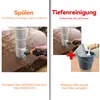 Two panels showing how to clean a filter. The left panel shows rinsing with a hose, and the right panel shows a deep cleaning process with a bucket and cleaning solution. Produktbild-Vorschau