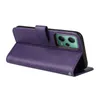 A purple flip phone case is shown open, revealing the back of a smartphone with a green camera module. Produktbild-Vorschau