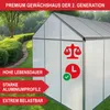 A greenhouse in a garden setting with marketing text and icons. Produktbild-Vorschau