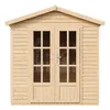 A front view of a wooden garden shed with double glass doors. Produktbild-Vorschau