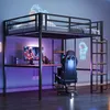 A gaming-themed loft bed with a desk and shelves underneath, illuminated by neon lights. Náhled obrázku produktu