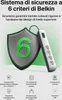 A Belkin surge protector is shown next to a shield graphic with the number 6 on it, accompanied by feature icons and text. Náhled obrázku produktu