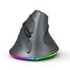 A dark gray vertical ergonomic gaming mouse with a colorful RGB light strip around the base, shown on a white background. Produktbild-Vorschau