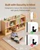 A child is reading a book on a rug in front of a wooden bookshelf filled with toys and books. There are also diagrams illustrating safety features. Anteprima dell’immagine prodotto