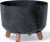 A dark gray planter with a marbled texture sits on three brown legs against a white background. Produktbild-Vorschau