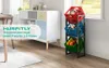 A product shot of a metal crate rack with three colorful crates filled with items, placed next to a white sideboard in a room with natural light. Produktbild-Vorschau