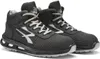 A pair of black high-top safety shoes with white laces and gray accents. Produktbild-Vorschau