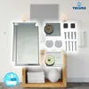 A collection of hardware components for mounting a mirror, displayed against a blurred bathroom background. Produktbild-Vorschau