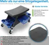 A blue and black rolling mechanic's stool with storage compartments and wheels, presented with marketing text and feature callouts. Produktbild-Vorschau