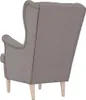 Rear view of a taupe fabric armchair with light wood legs. Náhľad obrázku produktu