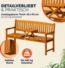 A wooden garden bench with a fold-out table, featuring marketing text and icons. Anteprima dell’immagine prodotto