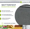 Marketing image for a Juskys awning, highlighting its features with text and a close-up of the material with water droplets. Náhled obrázku produktu