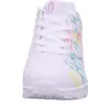 A close-up, front-facing view of a white Skechers sneaker with colorful abstract designs. Produktbild-Vorschau