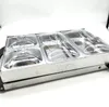 A silver buffet warmer with three transparent lids and stainless steel trays is shown against a white background. Voir les images du produit