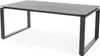 A product shot of a rectangular outdoor dining table with a gray slatted top and black metal legs, set against a white background. Produktbild-Vorschau