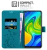 A teal flip case for a smartphone is shown open, displaying card slots and a phone with a colorful screen. Text overlays describe its features. Náhled obrázku produktu