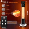 A marketing image showcasing a TRESKO infrared stand heater with its features and dimensions. Náhled obrázku produktu
