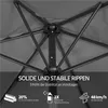 Close-up view of the internal structure of a dark gray umbrella, highlighting its ribs and pole, with marketing text and icons. Produktbild-Vorschau