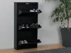 A black metal shoe cabinet with three flip-down doors, each containing shoes, is shown against a light gray wall. A potted plant is visible to the right. Anteprima dell’immagine prodotto