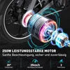 Close-up illustration of an electric bicycle motor with glowing accents and technical specifications displayed below. Produktbild-Vorschau