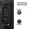 A close-up of a battery indicator on a vacuum cleaner, with marketing text about battery life. Produktbild-Vorschau