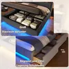 A collage of two images showing a bed with storage options. The top image shows the bed frame lifted to reveal large storage compartments underneath, filled with folded linens. The bottom image shows drawers pulled out from the side of the bed, also contai Produktbild-Vorschau