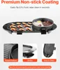 A multi-functional electric grill and hot pot with food being cooked on it, shown with close-up details of its features. Produktbild-Vorschau