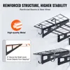 Close-up view of reinforced garage shelving units mounted on a wall, with text highlighting features and a diagram illustrating a slight downward tilt. Náhľad obrázku produktu