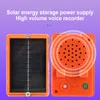 A product image showing a solar-powered device with a solar panel on one side and a speaker/recorder on the other, with text overlay describing its features. Podgląd zdjęcia produktu