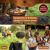 A collage of images related to outdoor grilling and fire pits, showing charcoal, briquettes, firewood, and people enjoying a barbecue. Produktbild-Vorschau