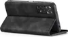 A black flip case for a smartphone is shown from a diagonal angle, with the front cover open. Produktbild-Vorschau