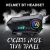 A black and gray motorcycle helmet Bluetooth headset is shown against a dark, smoky background. Text overlays highlight features and a slogan. Produktbild-Vorschau