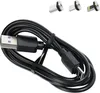 A black USB charging cable with a USB-A connector on one end and a USB-C connector on the other. Three magnetic adapter tips (USB-C, Micro USB, and Lightning) are shown above the cable. Produktbild-Vorschau