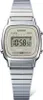 A digital watch with a silver metal band and a white face. Produktbild-Vorschau