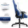 A blue and white gaming chair with accompanying accessories shown in separate panels. Anteprima dell’immagine prodotto