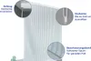 A close-up view of a white vertical blind with gray stripes, showing details of its mounting and operation. Podgląd zdjęcia produktu